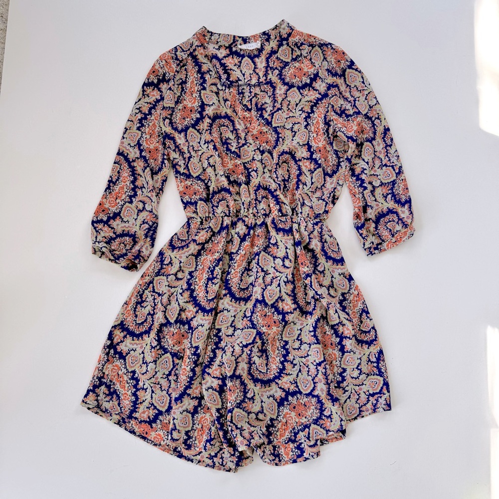 Lush Womens Navy Peach Paisley Print Wrap Mini Dress Flare 3/4 Sleeve Size Small